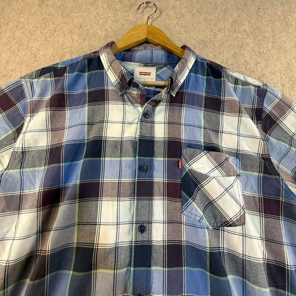 Levis Mens Blue Purple Plaid‎ Short Sleeve Button Down Shirt Size L T1400